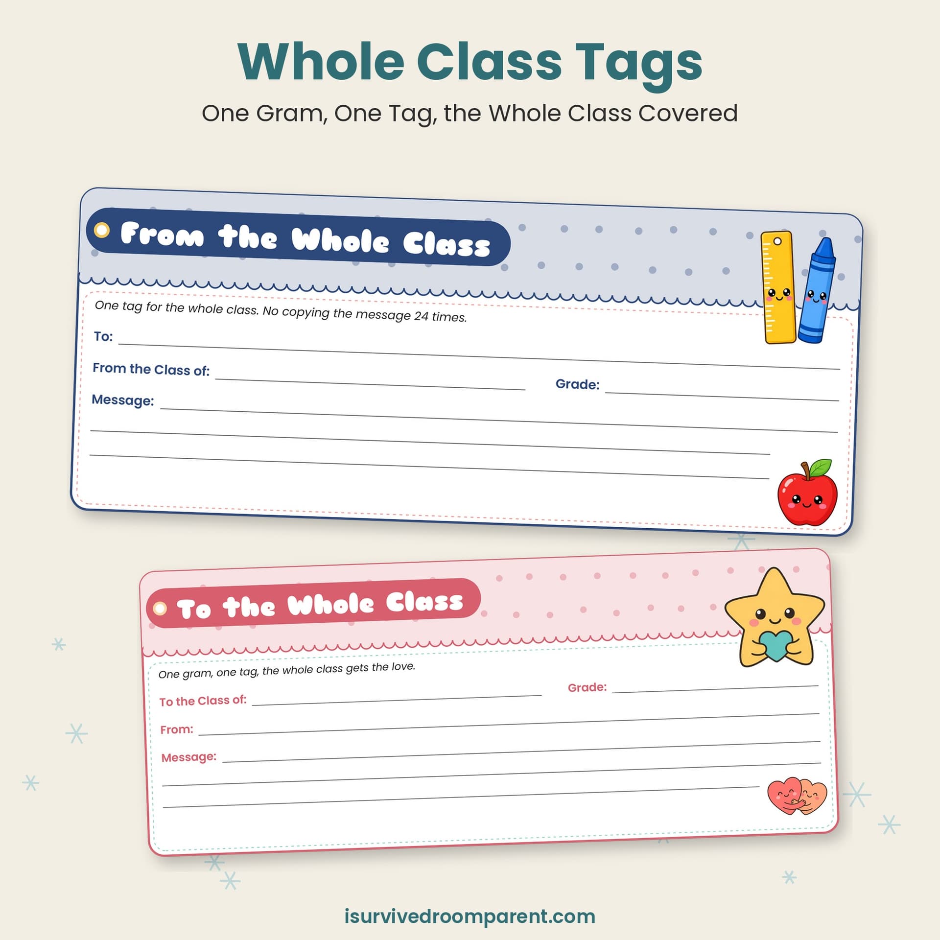 Close-up of a navy From the Whole Class tag with a ruler, crayon and apple, and a pink To the Whole Class tag with a smiling star, each with class, grade and message lines