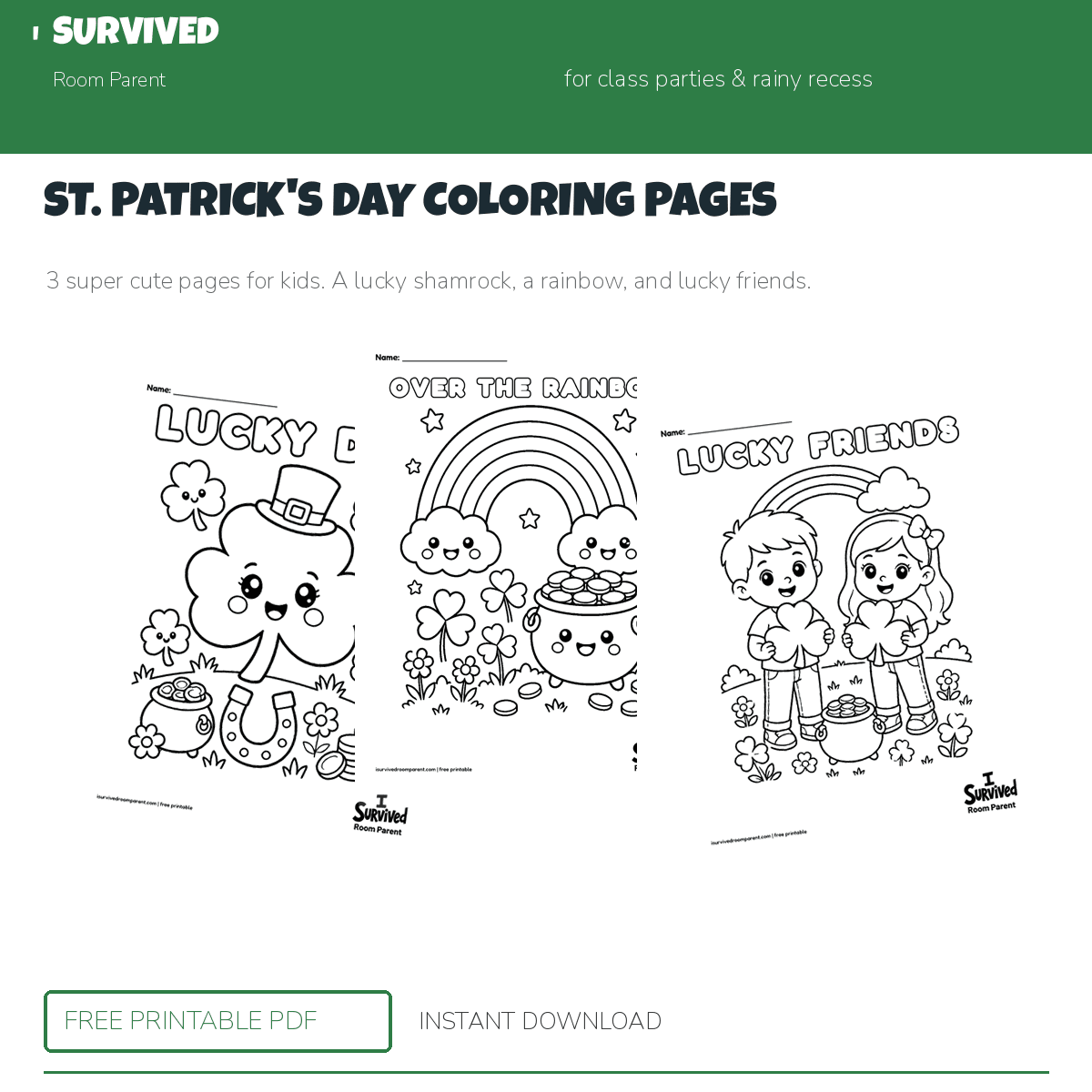 Free St. Patrick's Day coloring pages printable with a lucky shamrock, a rainbow with a pot of gold, and two kids holding shamrocks