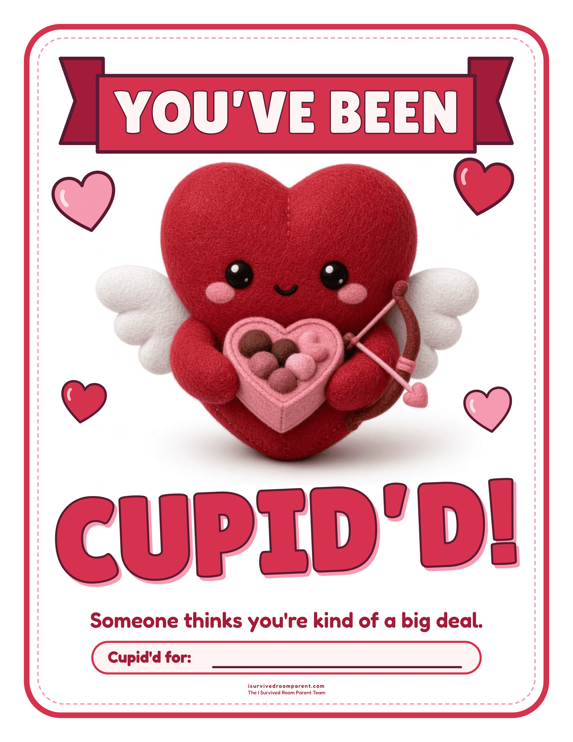 You've Been Cupid'd Valentine door sign with a plush heart mascot and fillable Cupid'd For line