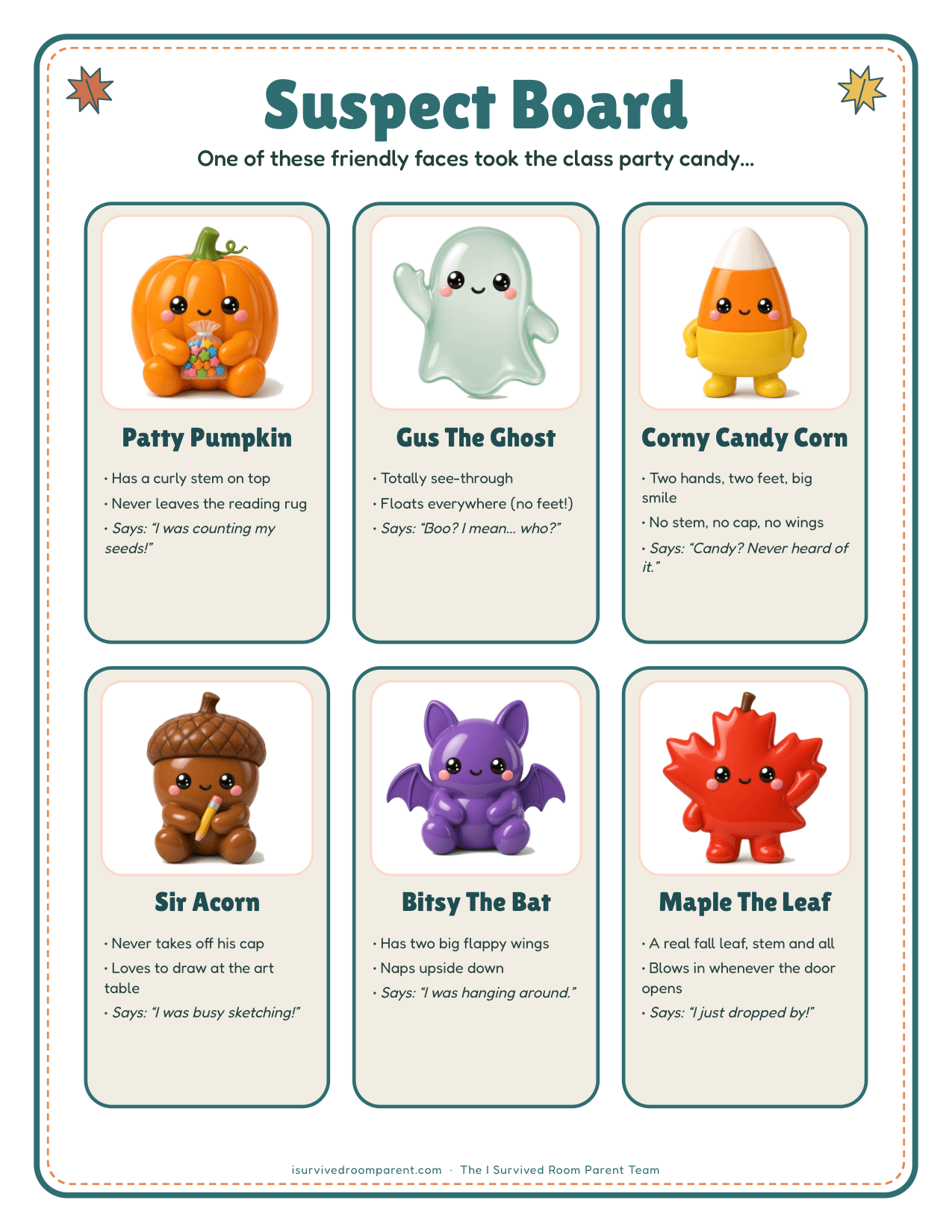 Suspect board with six friendly fall suspects: Patty Pumpkin, Gus The Ghost, Corny Candy Corn, Sir Acorn, Bitsy The Bat and Maple The Leaf