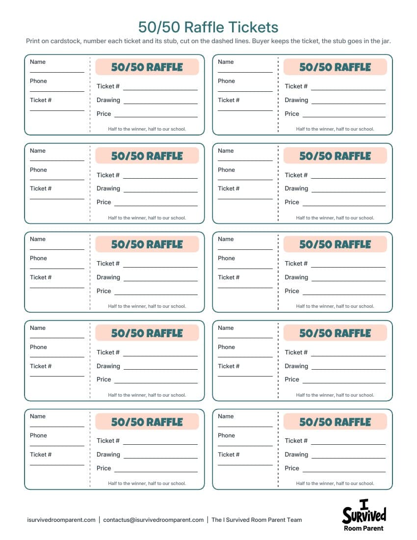Printable 50/50 raffle tickets, 10 per page, each with a numbered stub
