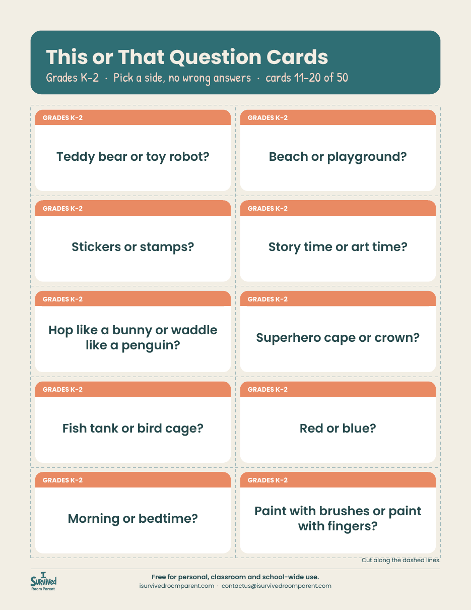 Second page of K-2 This or That question cards with choices like teddy bear or toy robot and beach or playground
