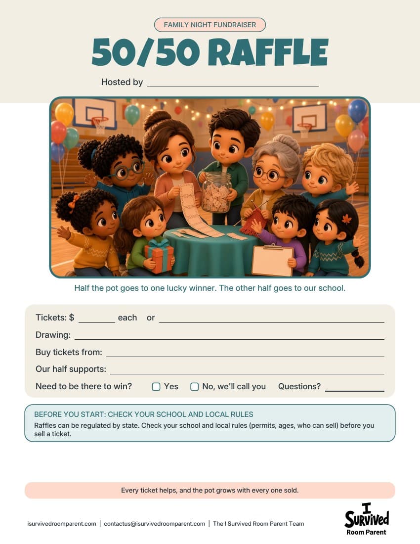 Free 50/50 raffle flyer printable with chibi parents and kids holding a roll of raffle tickets and a ticket jar