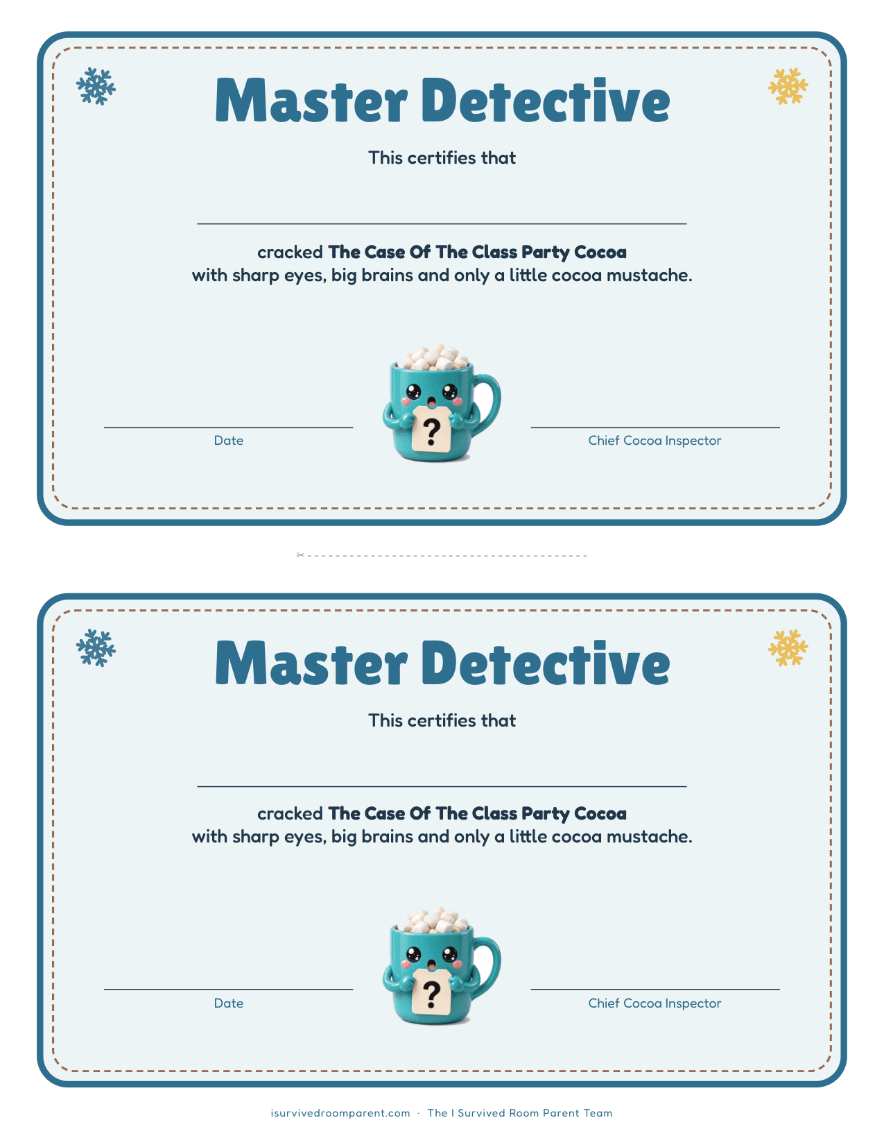 Master Detective certificates, two per page, with fillable name and date lines