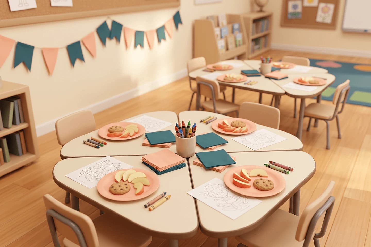 Classroom tables set for a class party with snacks, coloring pages and a shared cup of crayons.