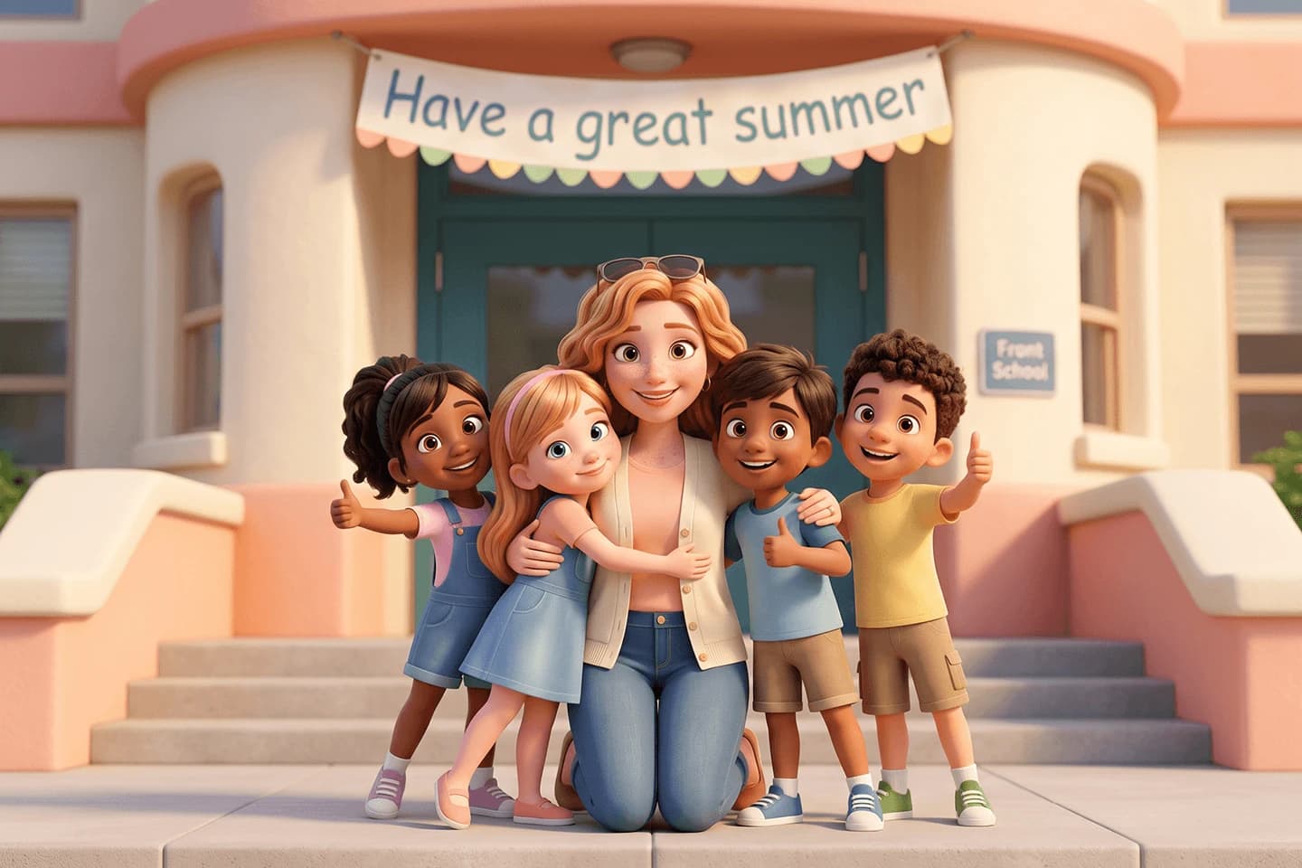 Illustrated room mom hugging a group of smiling kids for an end-of-year class photo under a Have a great summer banner.