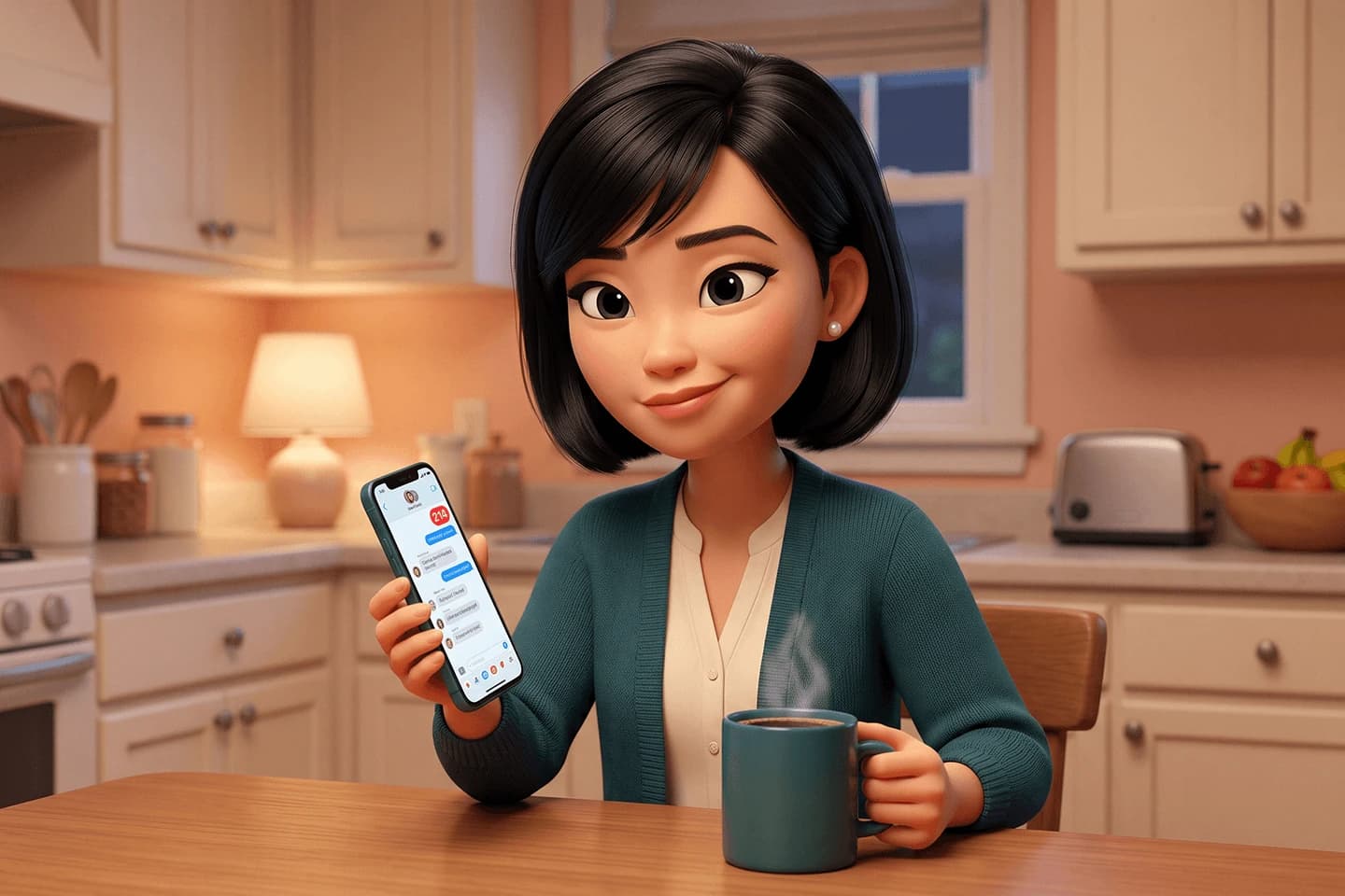 Illustrated room mom looking at a phone with 214 group chat notifications.