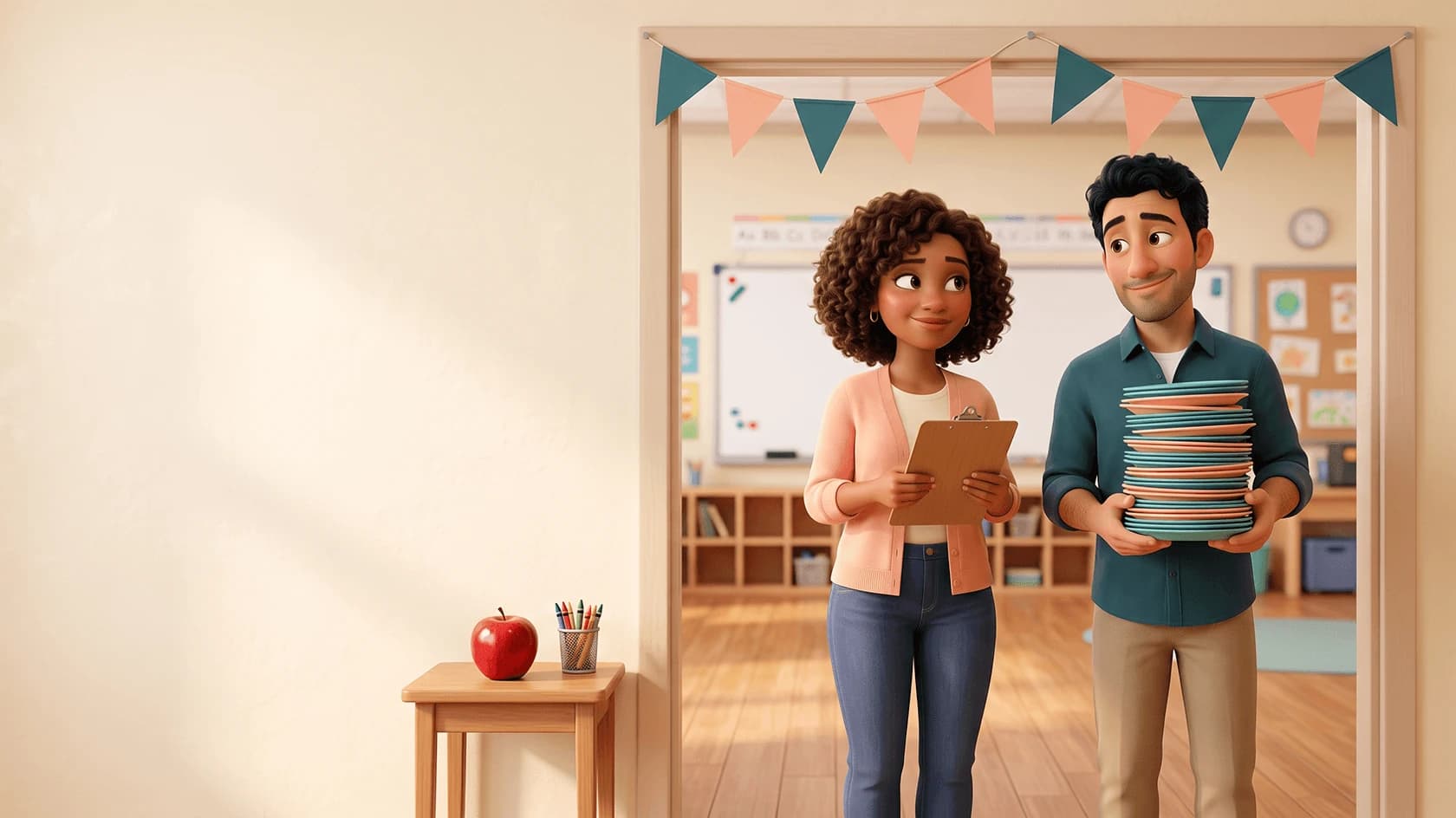 Illustrated room mom with a clipboard and room dad with a stack of paper plates in a classroom doorway under teal and peach party pennants.