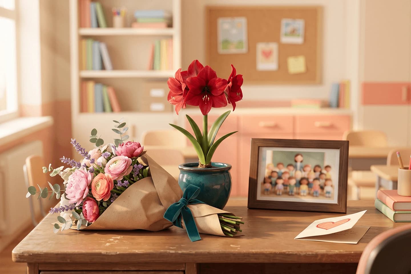 Teacher gift ideas: arranged flowers, a potted amaryllis and a framed class photo with a handmade card.