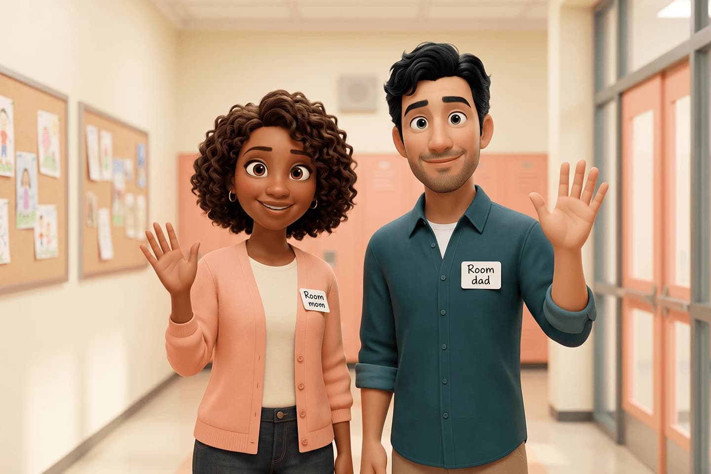 Illustrated room mom and room dad waving, wearing name tags.