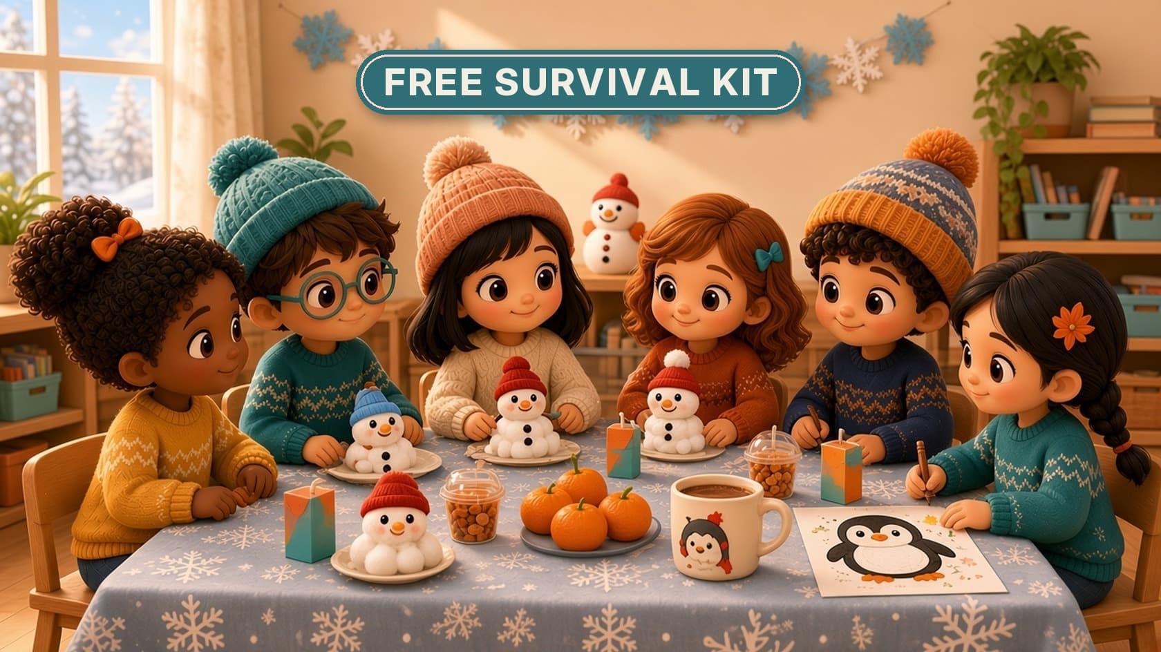 Cute chibi kids in knit hats and cozy sweaters around a classroom winter party table with paper plate snowmen, clementines, cocoa and a penguin coloring page, under a Free Survival Kit badge