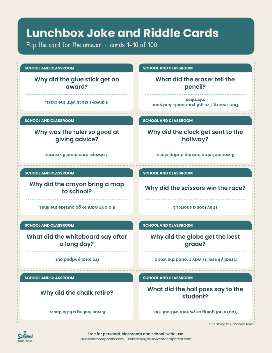 Printable lunchbox joke cards for kids with school jokes on teal-labeled cards and the answers printed upside down
