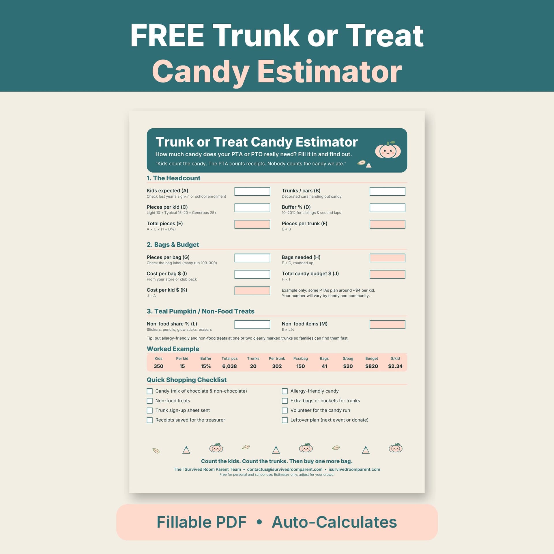 Free trunk or treat candy estimator printable with headcount, pieces per kid, bags needed and budget fields, decorated with cute pumpkins.