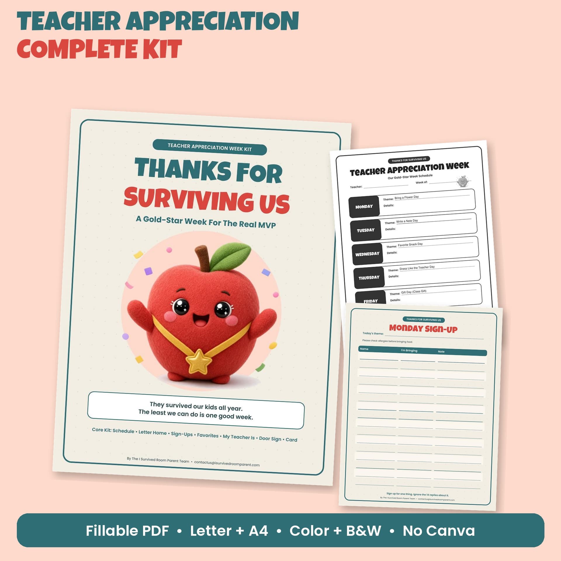 Thanks For Surviving Us Teacher Appreciation Week complete kit cover with a cute plush apple mascot in a gold-star medal