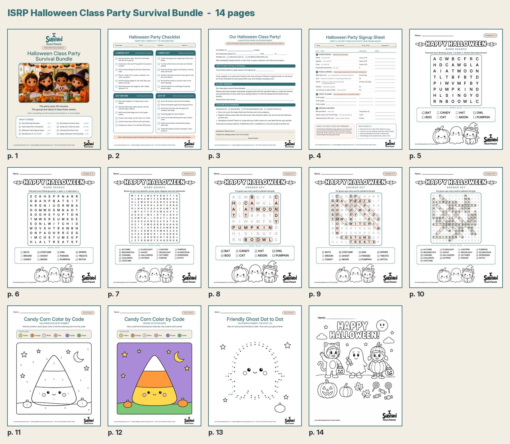 All 14 pages of the free Halloween class party printables bundle: cover, party checklist, parent note, signup sheet, word searches with answer keys, candy corn color by code, ghost dot to dot and a coloring page