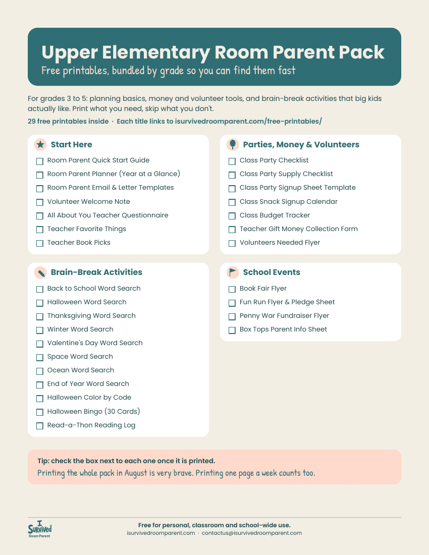 Upper Elementary Room Parent Pack index page listing 29 free printables in four sections with checkboxes and simple teal icons