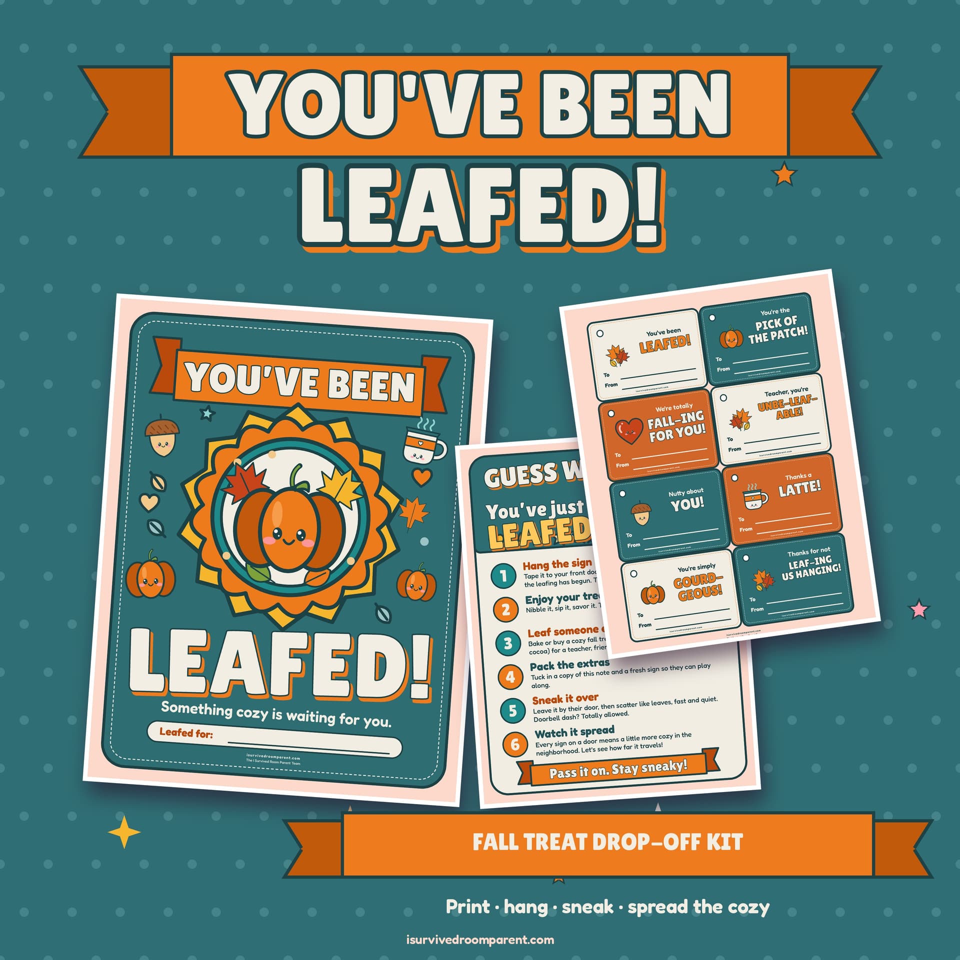 You've Been Leafed fall printable kit cover with a teal door sign featuring a smiling pumpkin badge, a how-to-play note and a sheet of fall gift tags