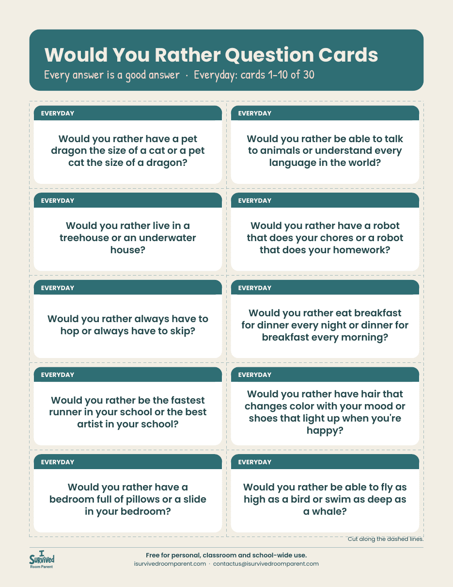 Printable Would You Rather question cards for kids, ten teal-labeled everyday cards per page with dashed cut lines