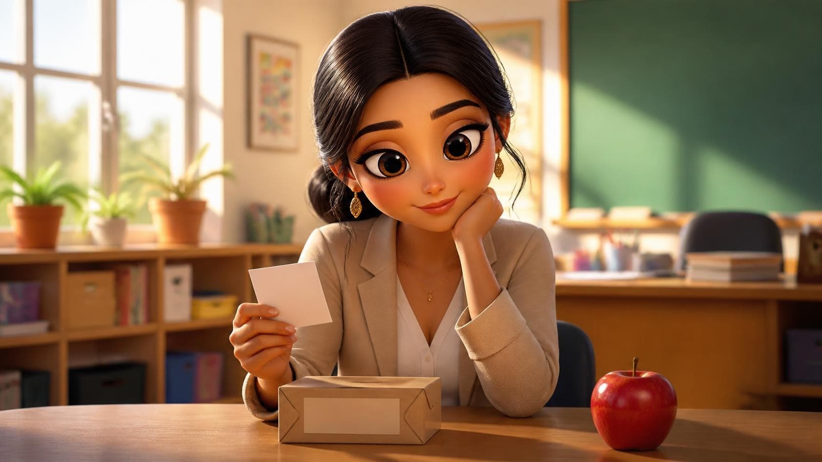 A chibi adult room parent at a classroom table with a sealed snack and an apple.