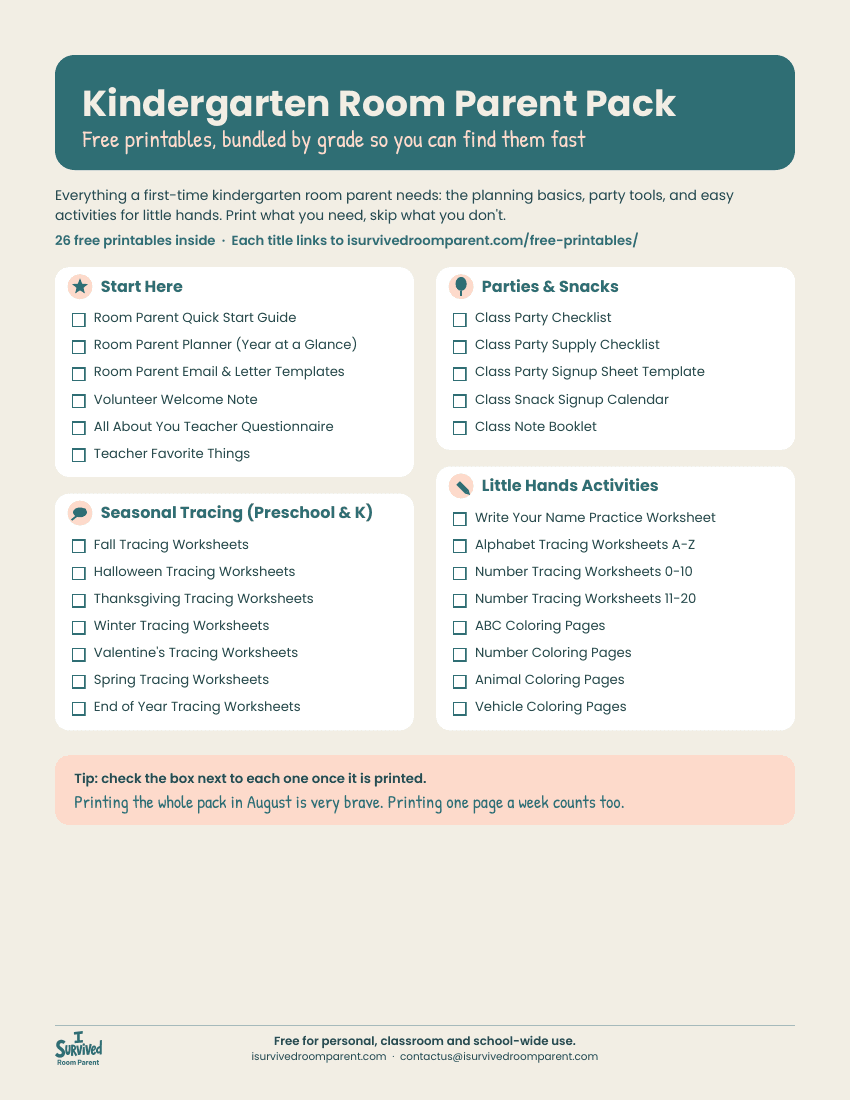 Kindergarten Room Parent Pack index page listing 26 free printables in four sections with checkboxes and simple teal icons