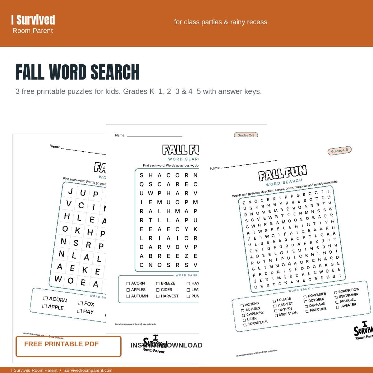 Free printable Fall word search for kids, grades K-1 through 4-5