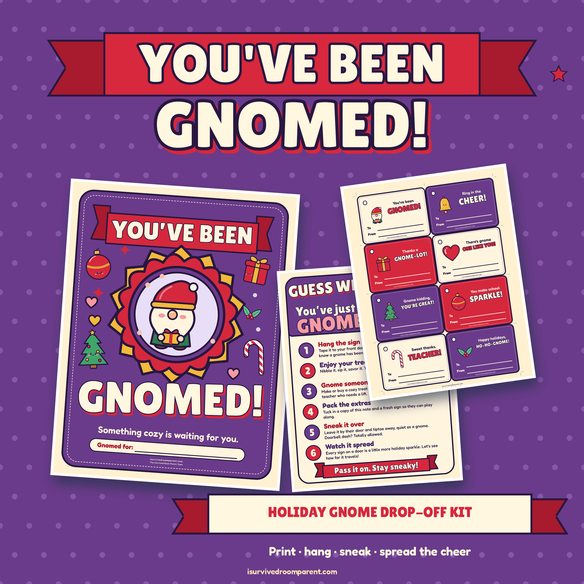 You've Been Gnomed Christmas printable kit cover with a purple and red gnome door sign, a how-to-play note and a sheet of gift tags beside the title banner