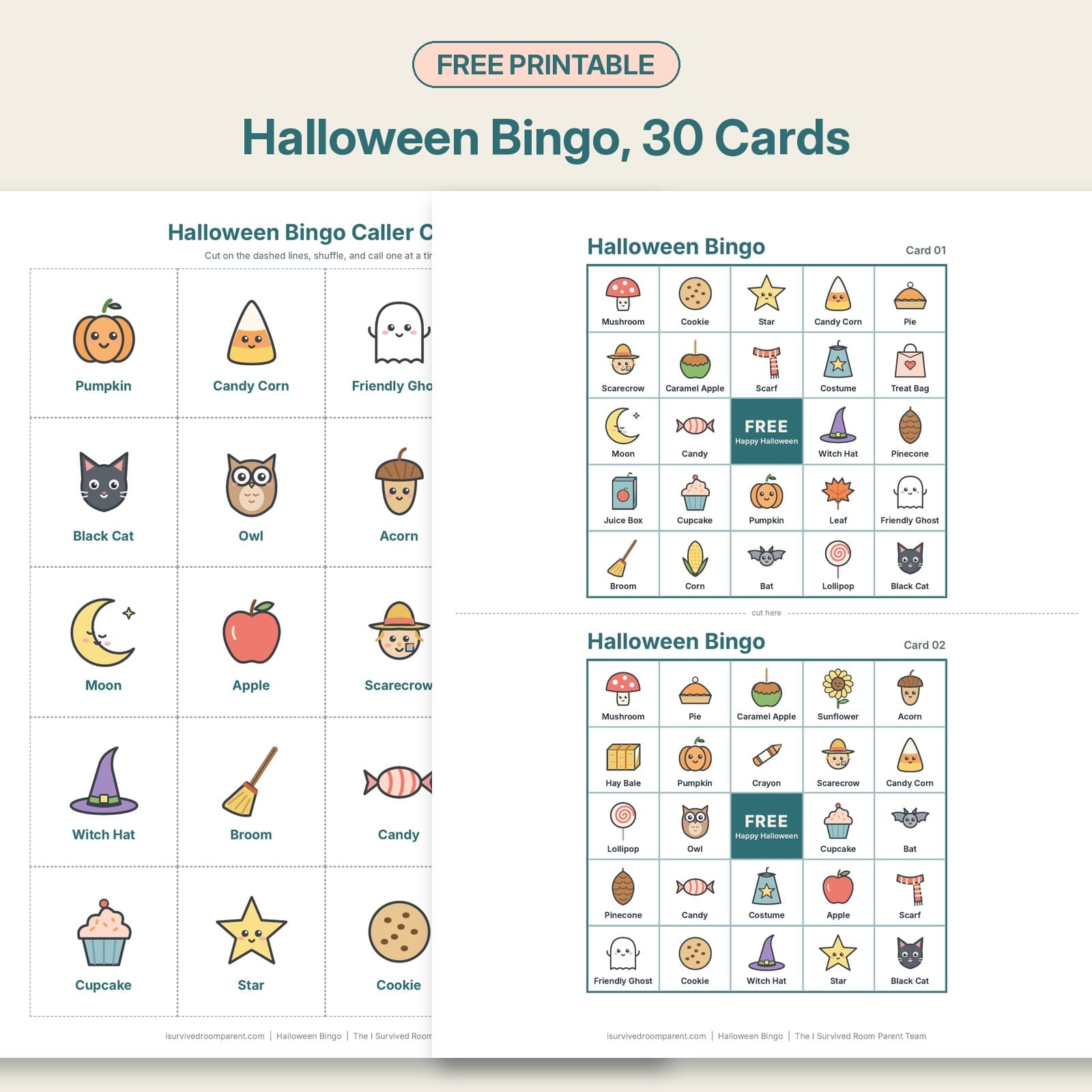 Cute Halloween bingo printable with picture caller cards and a 5x5 bingo card showing a pumpkin, friendly ghost, candy corn, owl, bat and a free center square