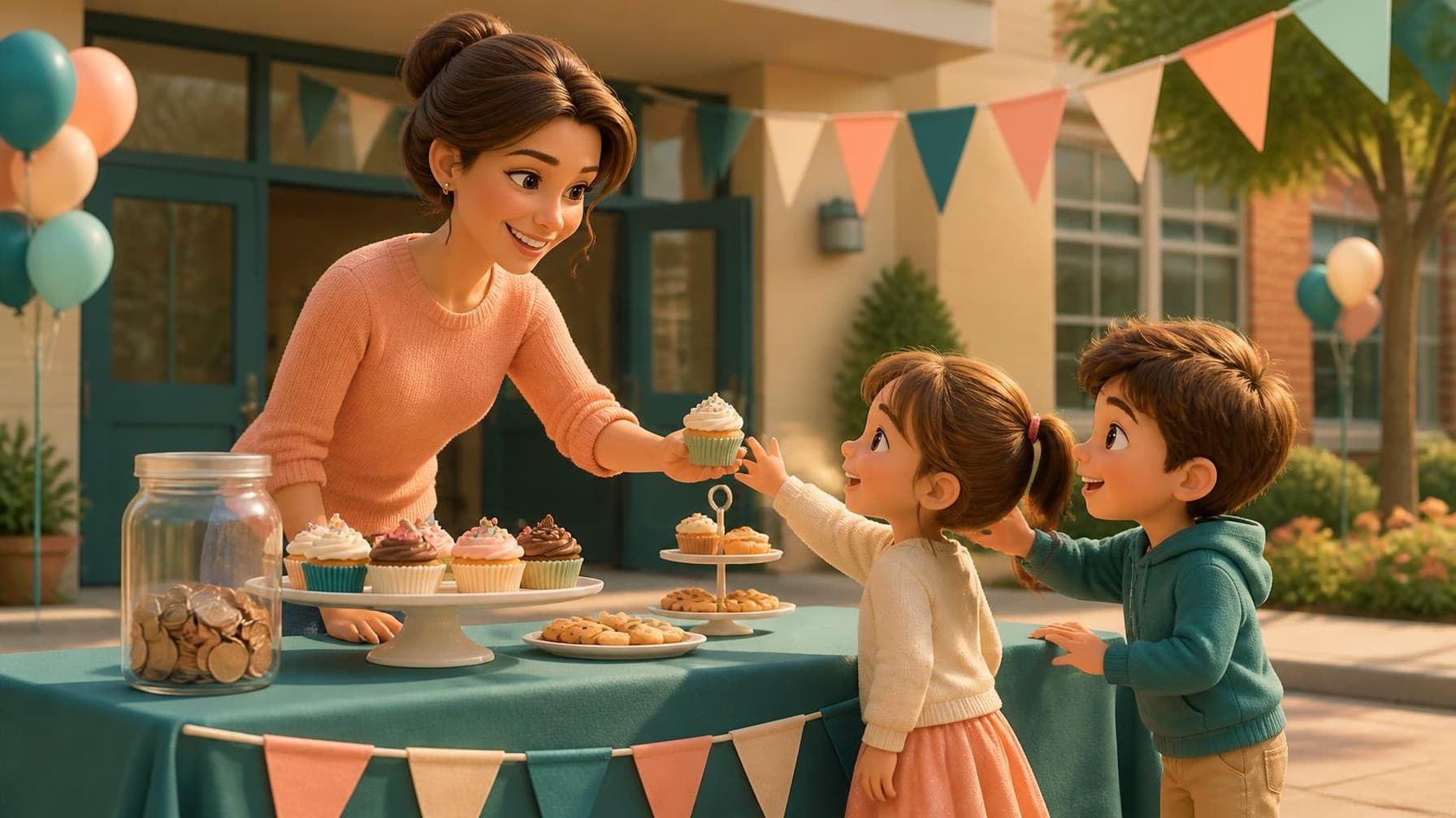Cartoon parents and kids smiling at a school bake sale table with cupcakes, cookies and a teal tablecloth