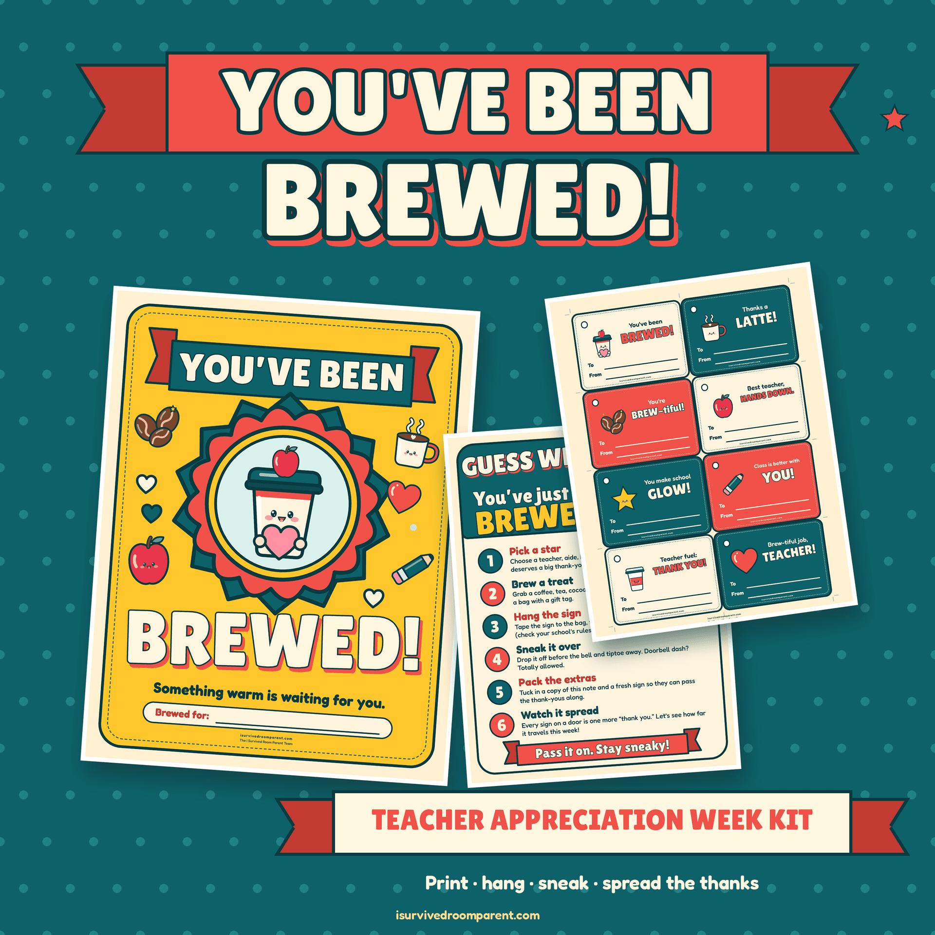 You've Been Brewed Teacher Appreciation Week printable kit cover with a sunny yellow and teal door sign, a how-to-play note and a sheet of coffee gift tags beside the title banner