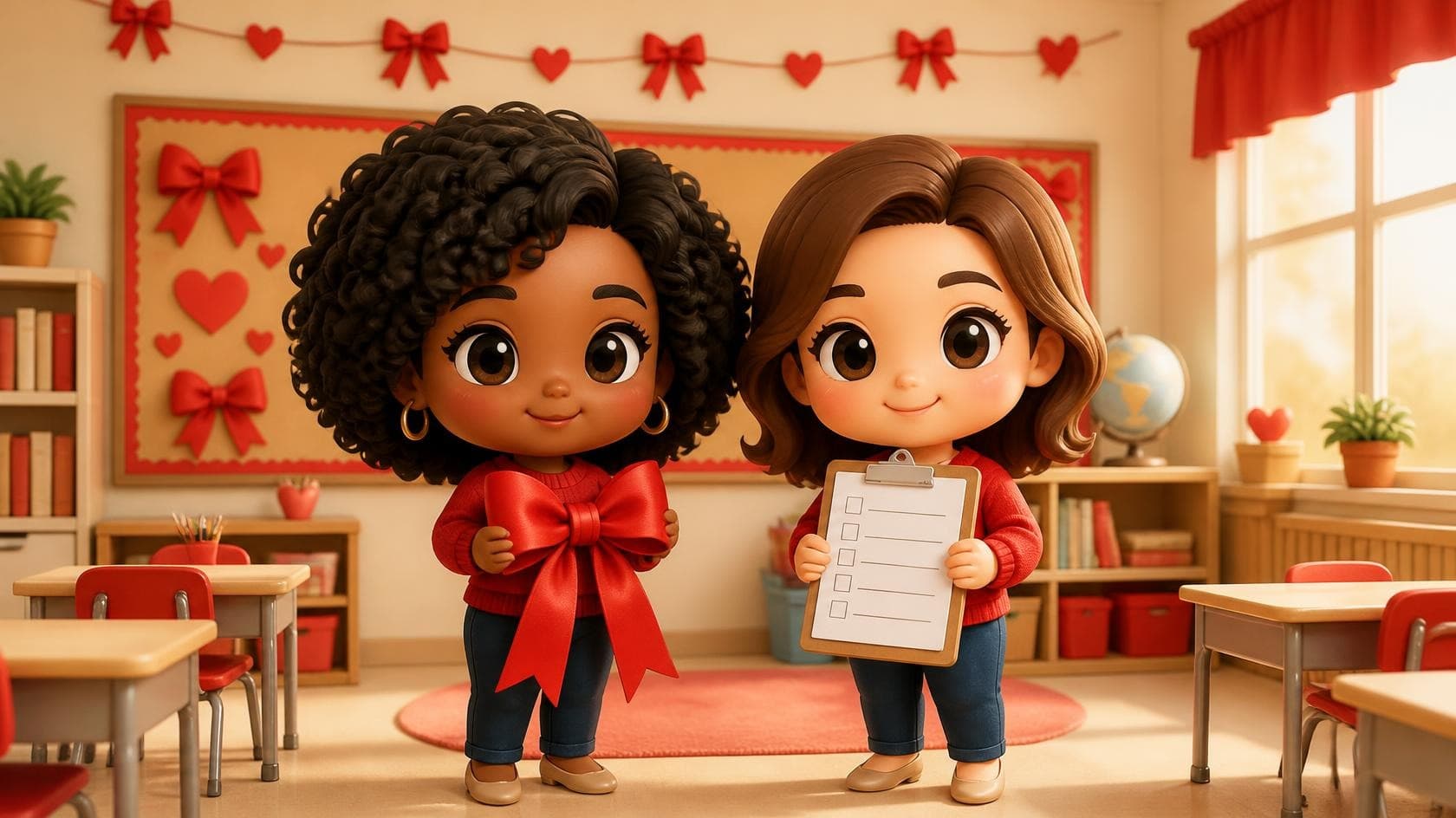 Two diverse room parents in red sweaters in a cozy cream classroom, one holding a big red ribbon bow and one holding a spirit-day checklist clipboard, in a polished 3D chibi style