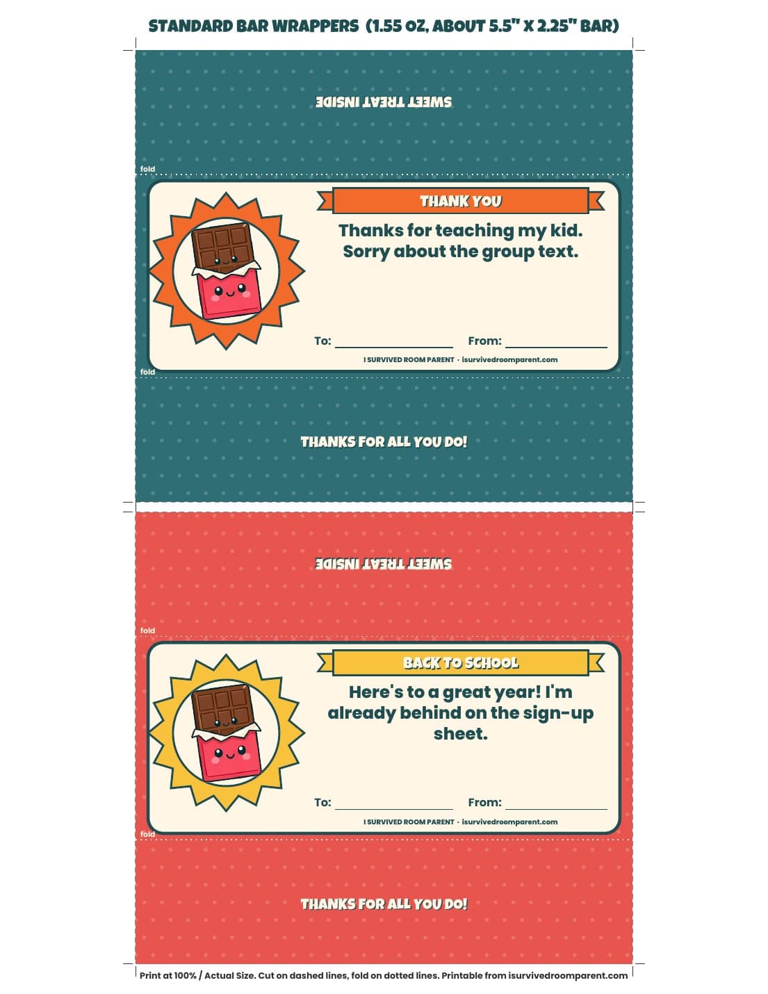 Teacher thank you candy bar wrappers printable in teal and coral with a cute chocolate bar mascot, funny thank-you lines and To and From lines