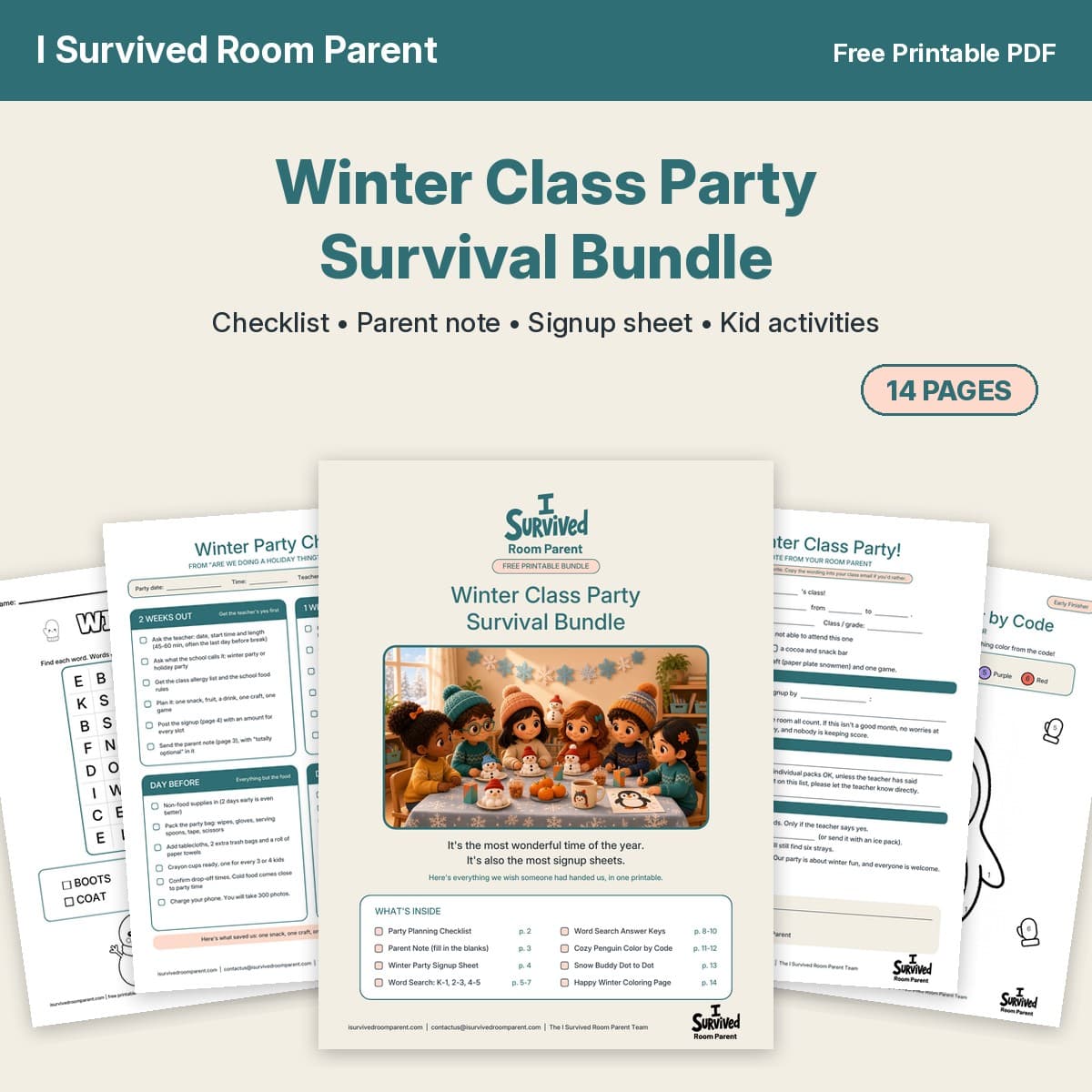 Free winter class party printables bundle showing the survival bundle cover with chibi kids, a party checklist, a parent note, a word search and a penguin color by code page