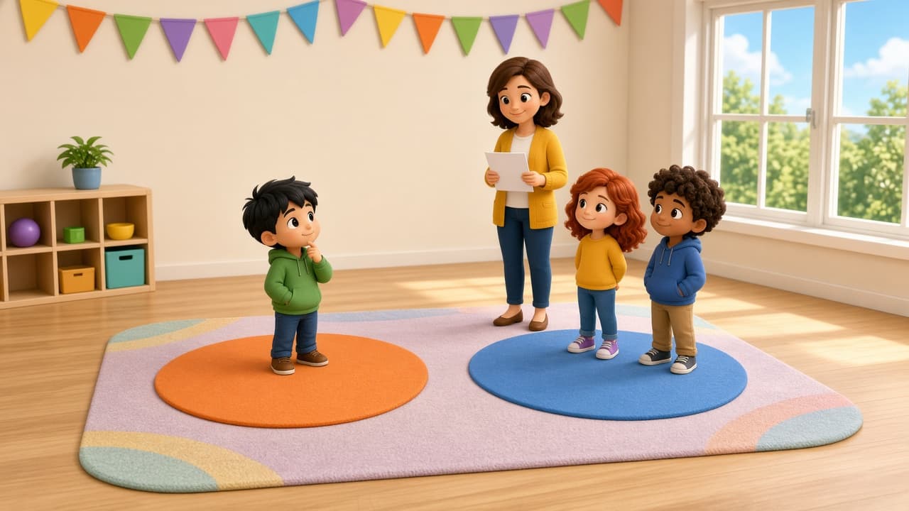 Bright chibi kids play Would You Rather in a sunny classroom, one boy on an orange circle mat and two kids on a blue mat, as a parent in a mustard cardigan reads from a card.