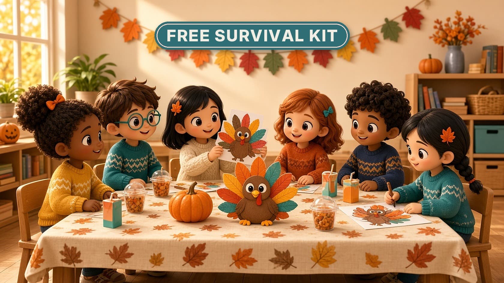 Cute chibi kids in cozy fall sweaters around a classroom Thanksgiving party table with a paper turkey centerpiece, a pumpkin, turkey coloring pages and snack cups, under a Free Survival Kit badge