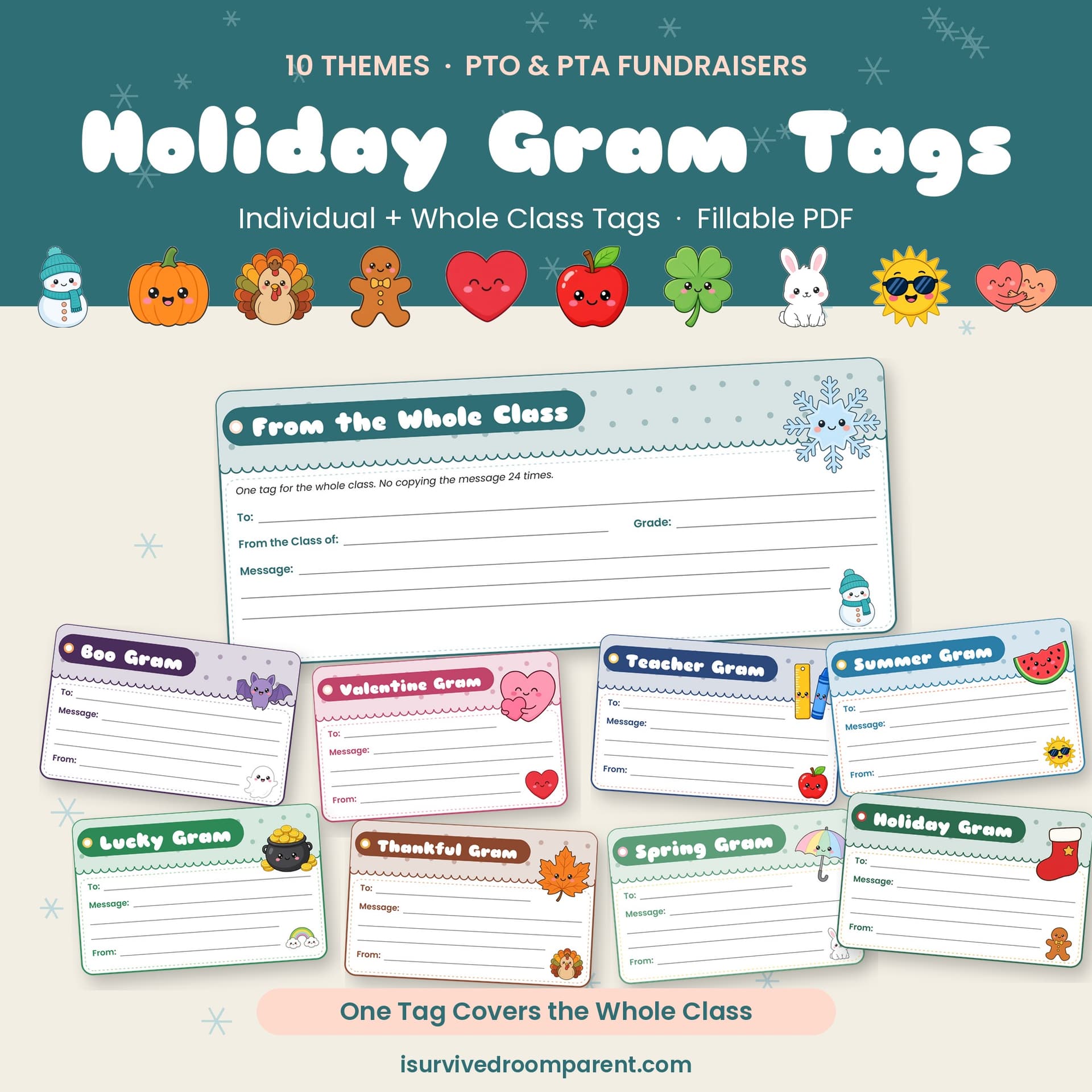 Holiday Gram Tags printable kit cover with a row of cute holiday characters, a snowflake From the Whole Class tag and eight themed gram tags with soft pastel headers