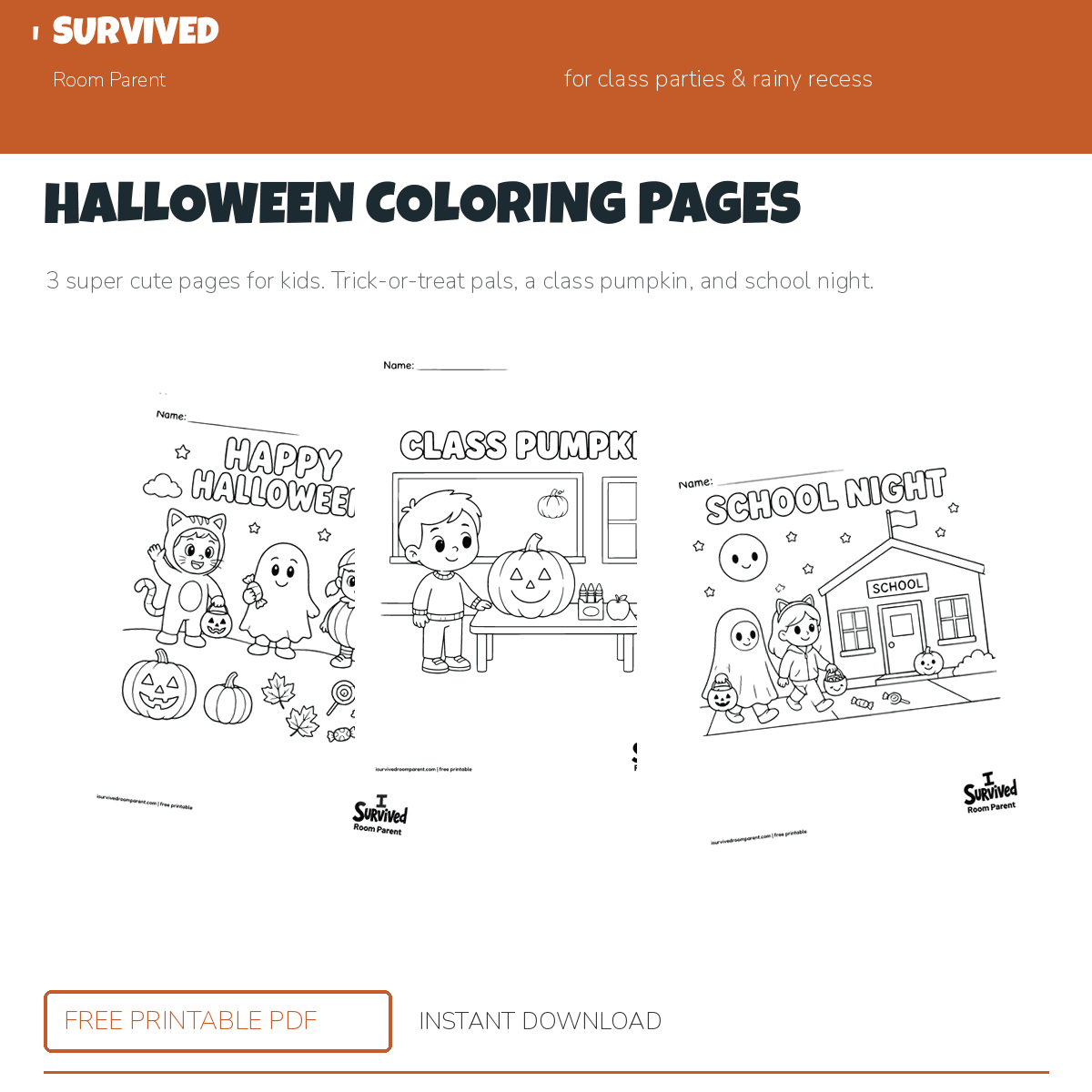Halloween coloring pages: trick-or-treat pals, a class pumpkin, and school night