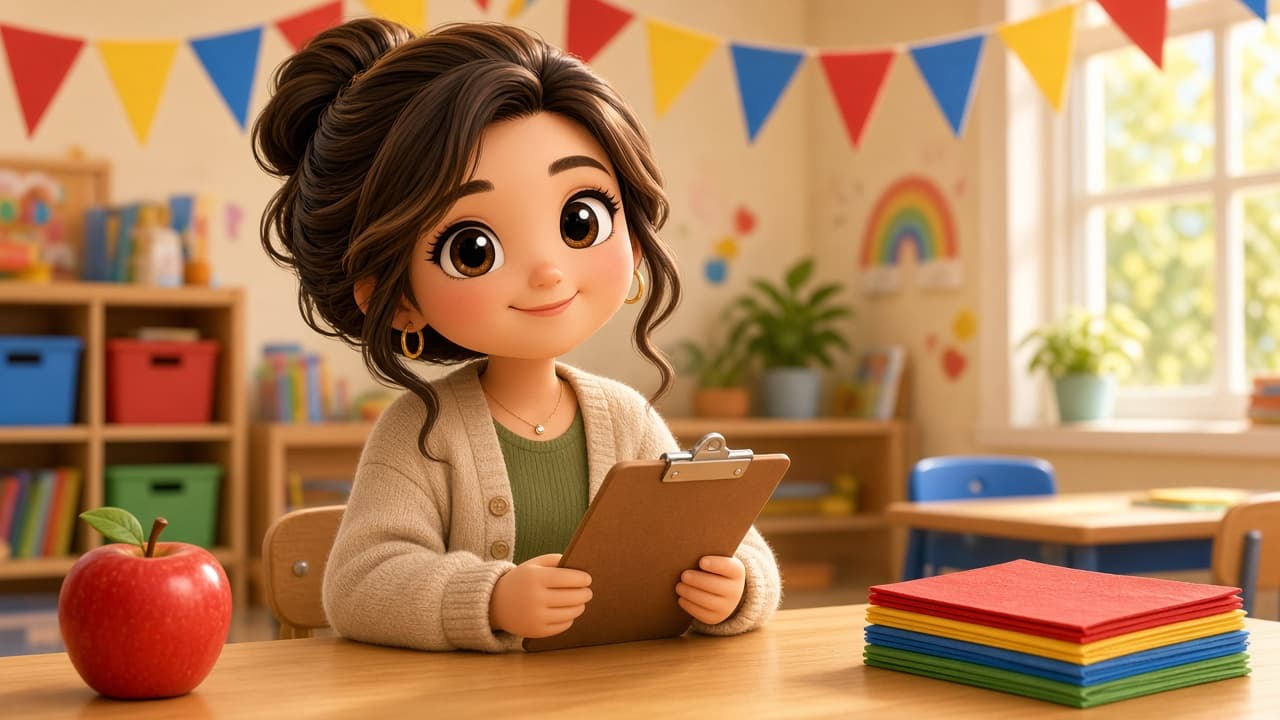 A cute room mom with a clipboard, party pennants, an apple, and colorful napkins.