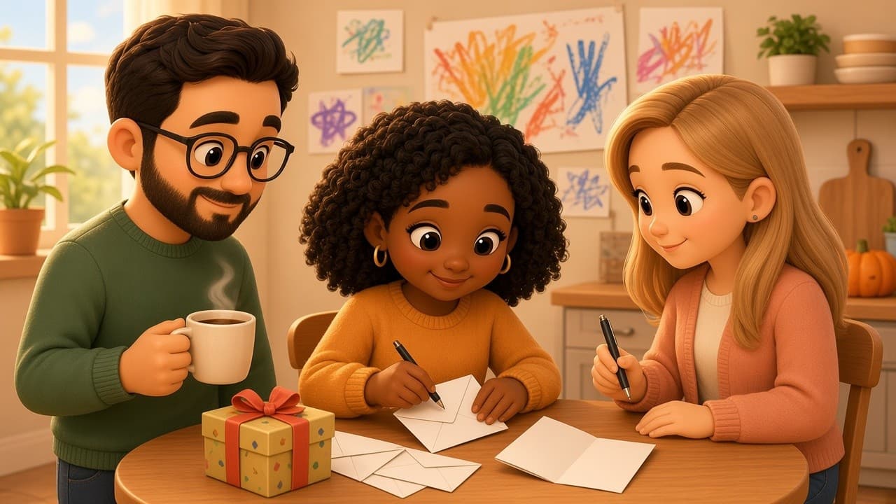 Bright chibi room parents at a kitchen table with blank envelopes, a wrapped gift box and a class card, with kids' crayon art on the wall