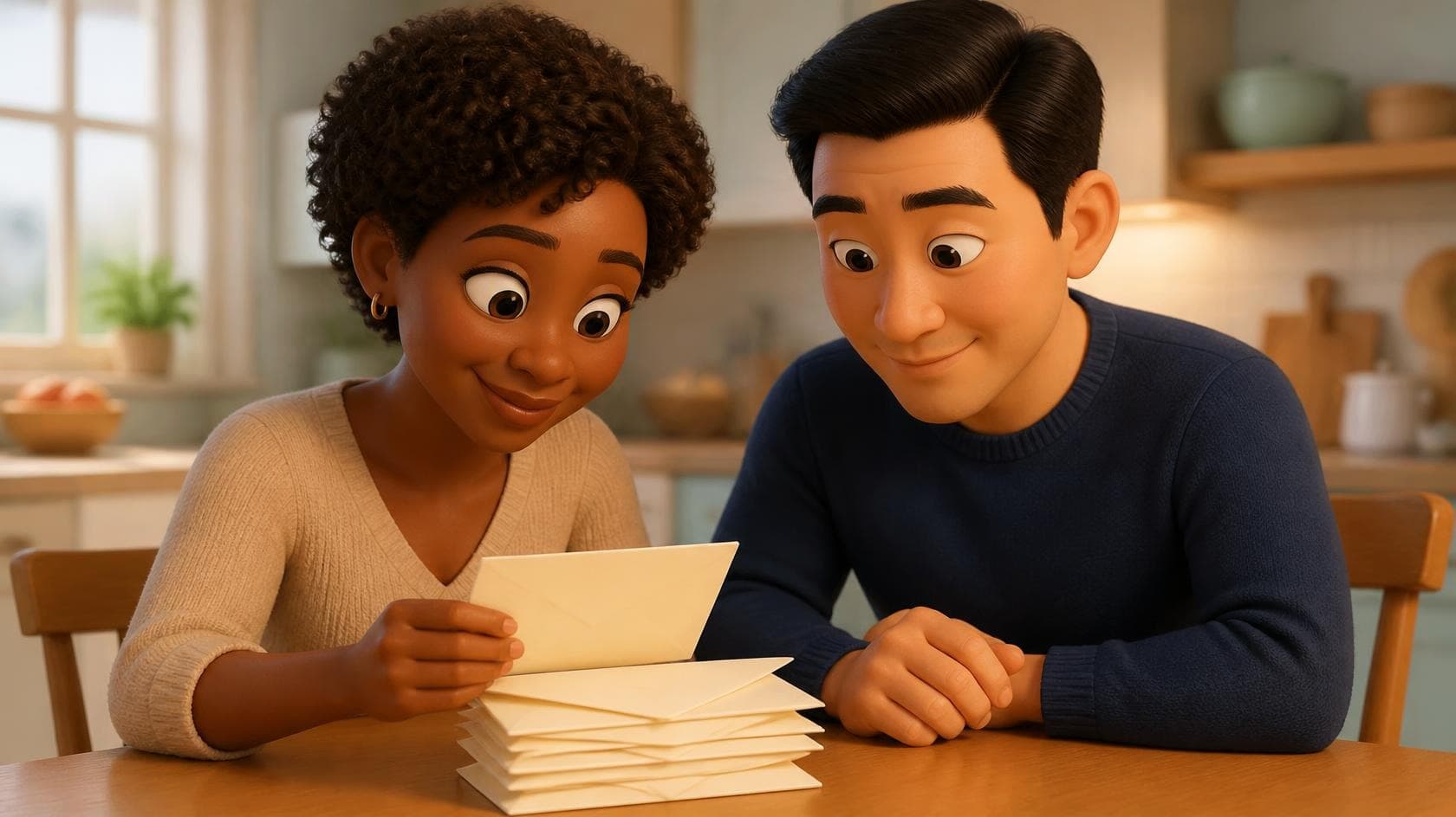 Two adult parents of different races look at blank envelopes on a kitchen table.