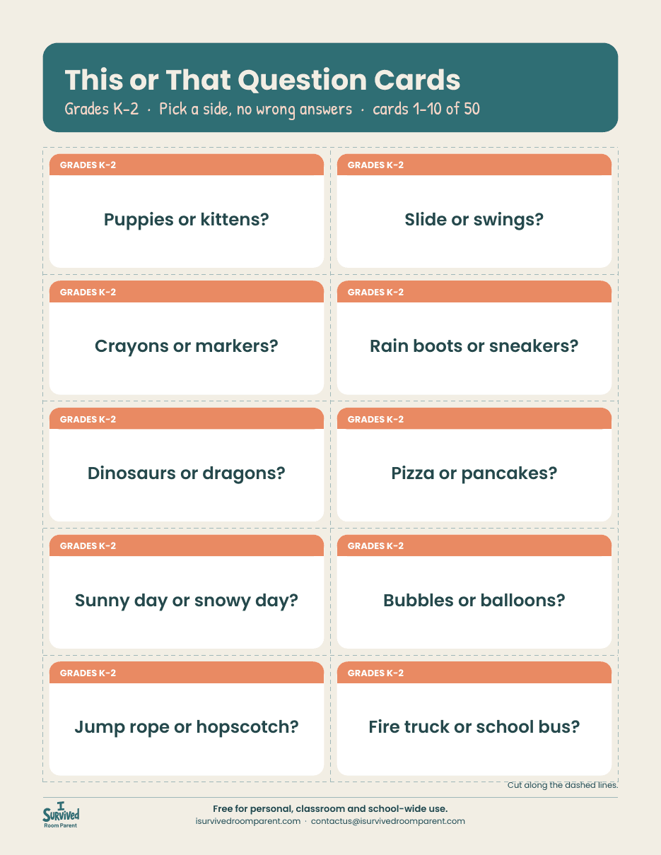 Printable This or That question cards for kids in grades K-2, ten coral-labeled cards per page with dashed cut lines