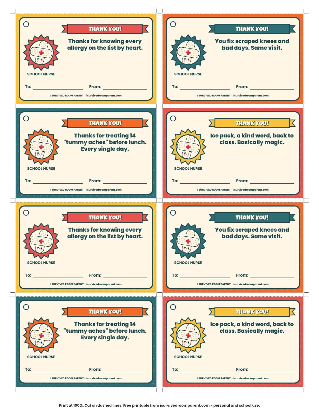 Printable school nurse thank you gift tags in bright colors with a cute bandage mascot, funny lines and To and From lines