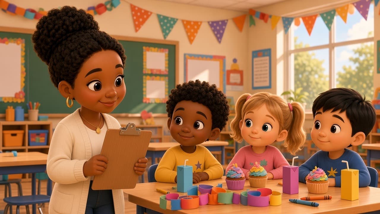 Bright chibi illustration of a smiling room mom holding a clipboard beside three happy kids at a classroom party table with cupcakes and a paper chain craft