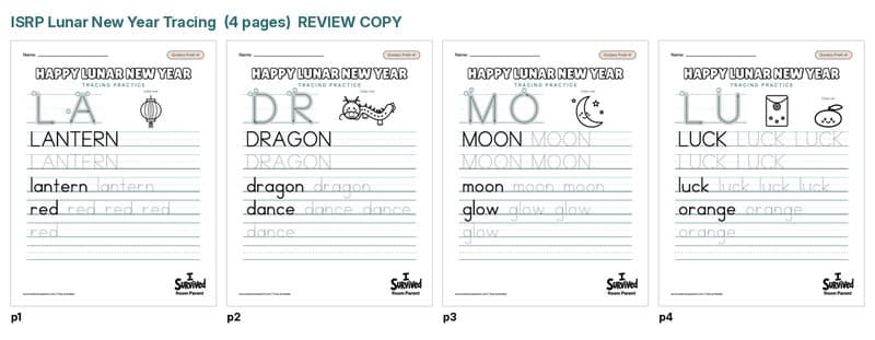 Free Lunar New Year tracing worksheets printable for preschool and kindergarten