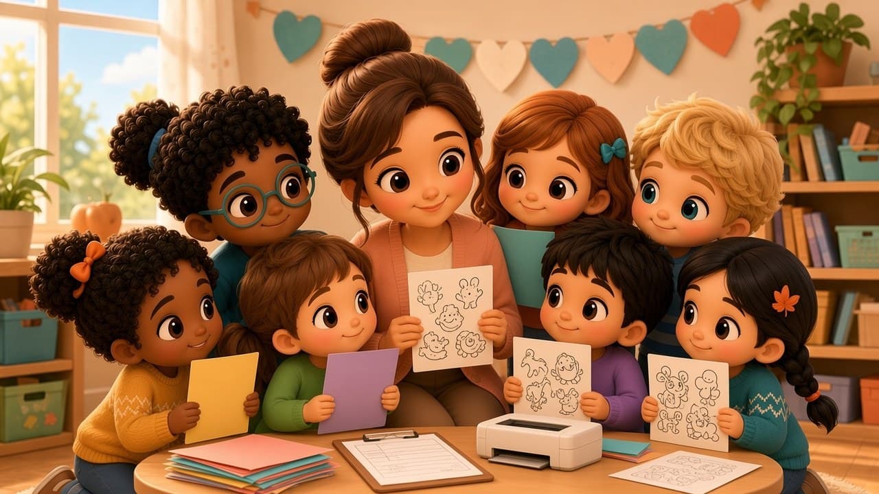 Cute chibi room mom and kids holding colorful free printables in a classroom
