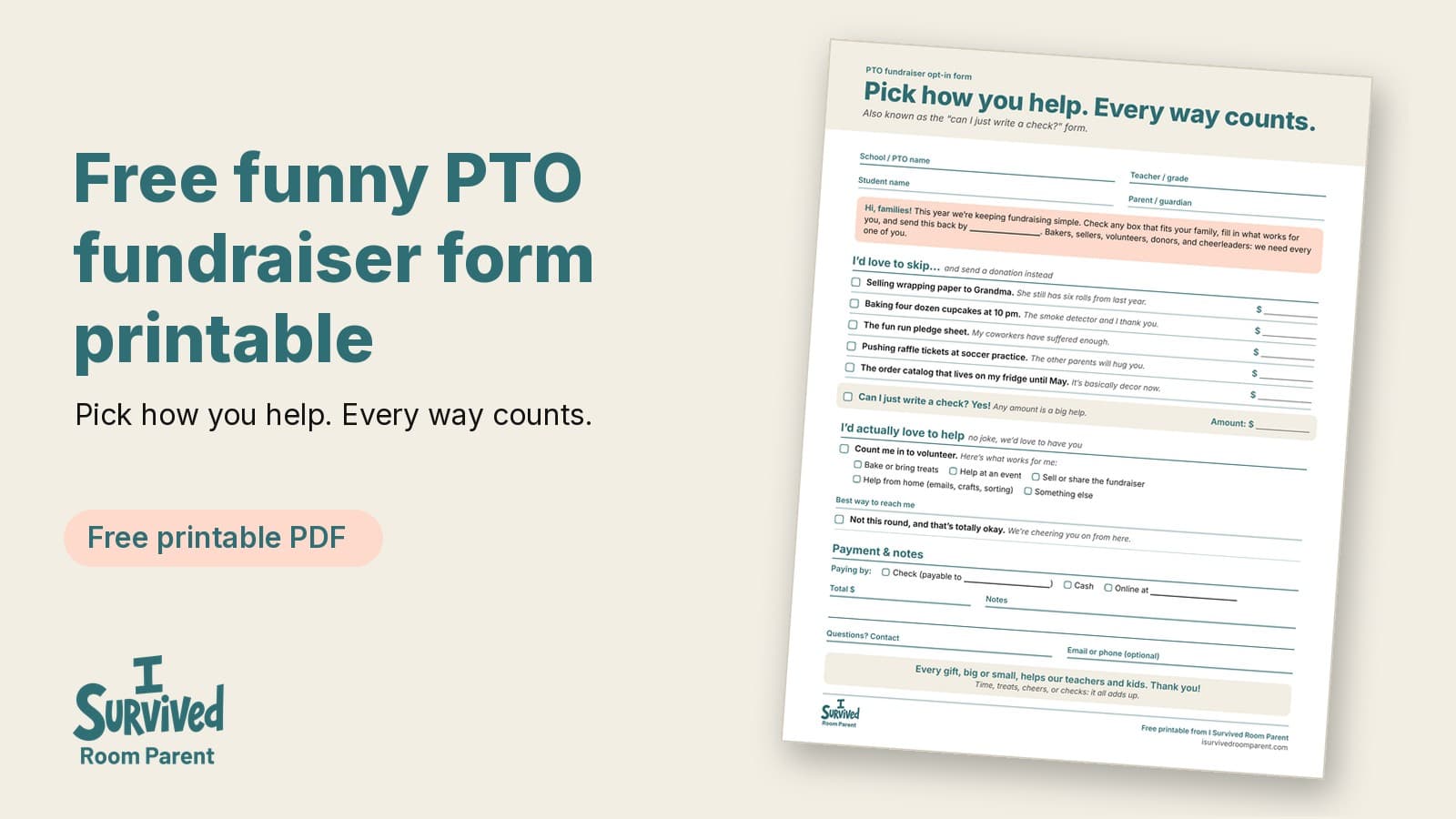 Free funny PTO fundraiser form printable from I Survived Room Parent, showing a one-page opt-in form with checkboxes to skip wrapping paper sales, donate, or volunteer