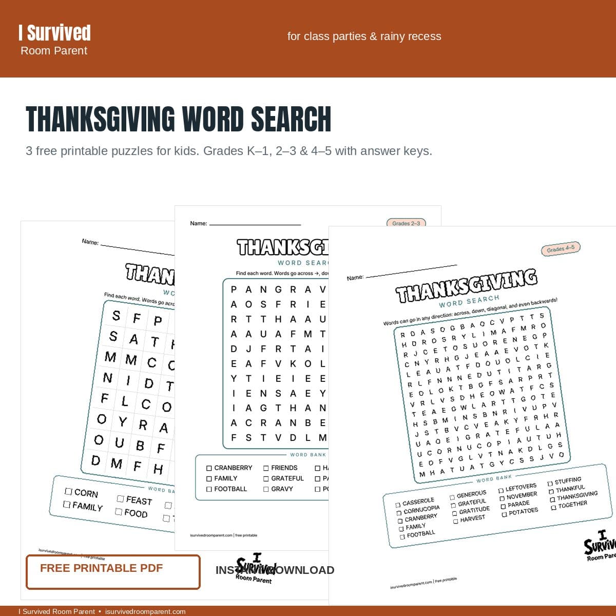 Free printable Thanksgiving word search for kids, grades K-1 through 4-5