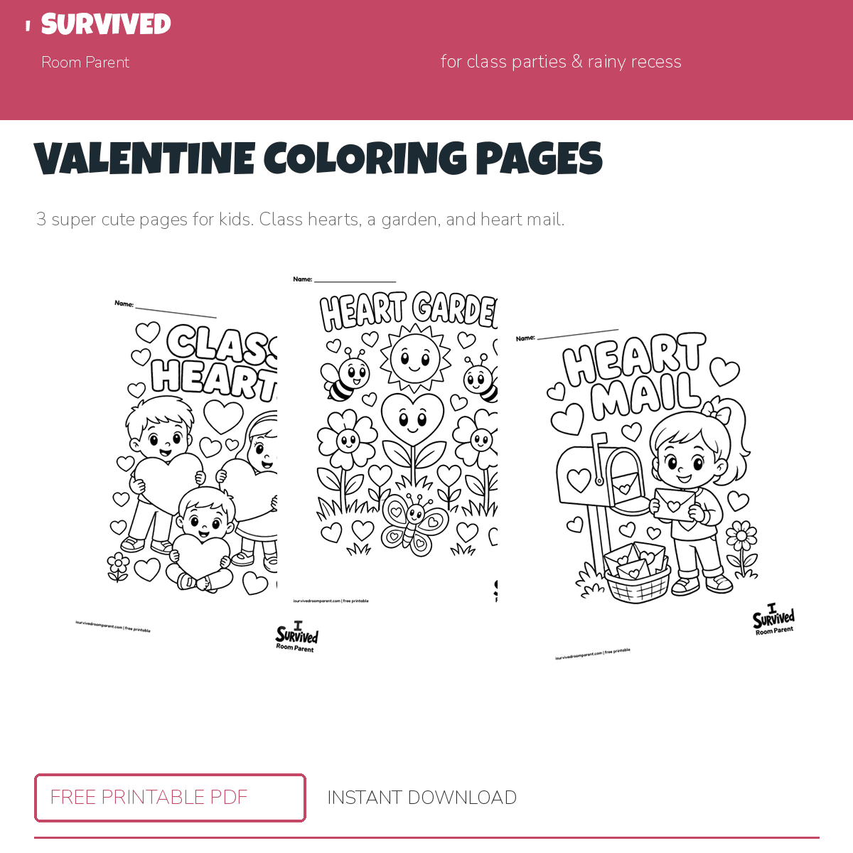 Valentine coloring pages: class hearts, a heart garden, and heart mail