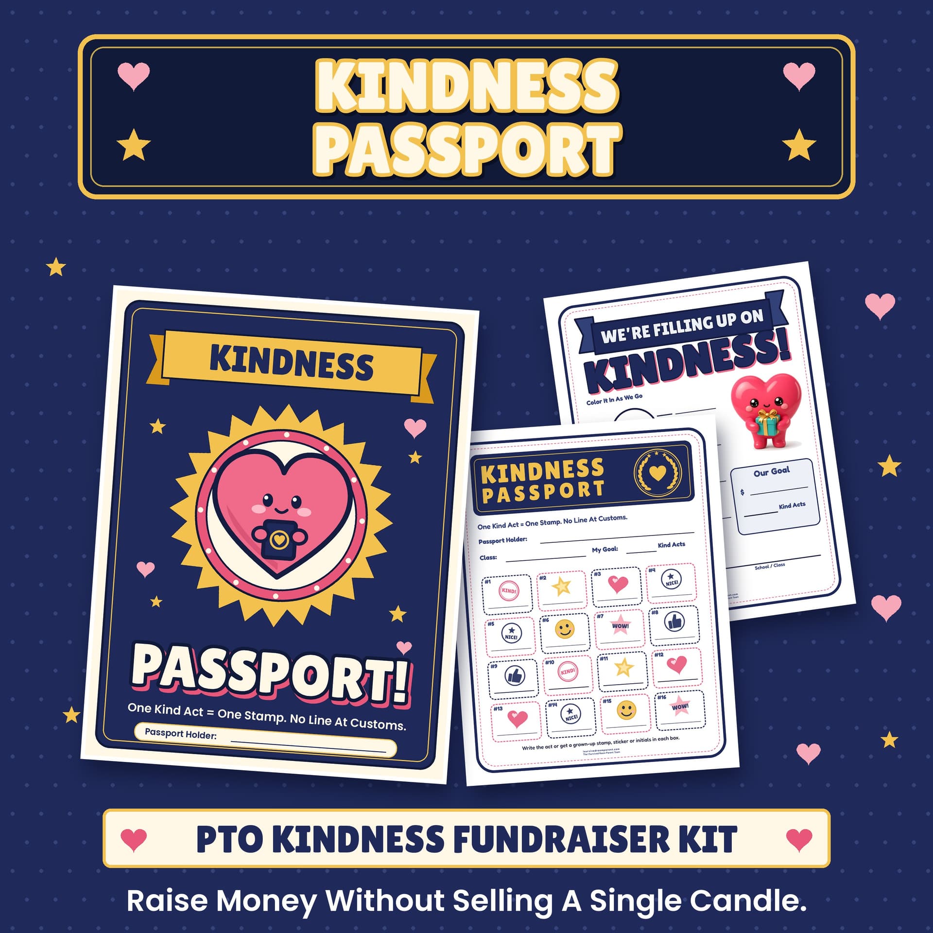 Kindness Passport PTO kindness fundraiser kit cover with fanned printable pages and a pink heart mascot holding a passport