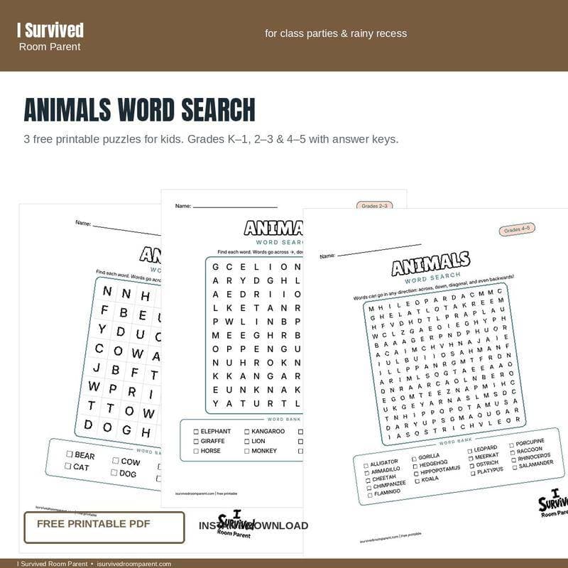 Free printable Animals word search for kids, grades K-1 through 4-5