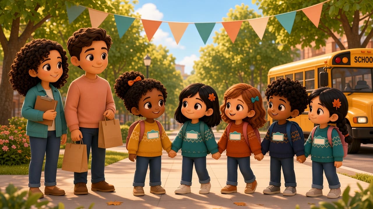 Chibi room parents with a clipboard and paper lunch bags beside kids holding hands in a line near a yellow school bus on a sunny morning